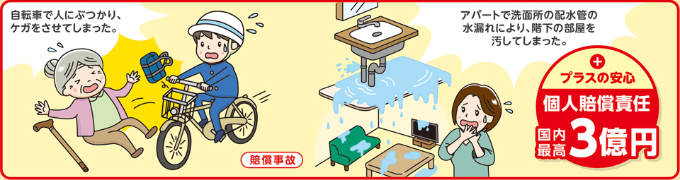 自転車で人にぶつかりケガをさせてしまった。　アパートで洗面所の排水管の水漏れにより、階下の部屋を汚してしまった。賠償事故　プラスの安心　個人賠償責任国内最高3億円