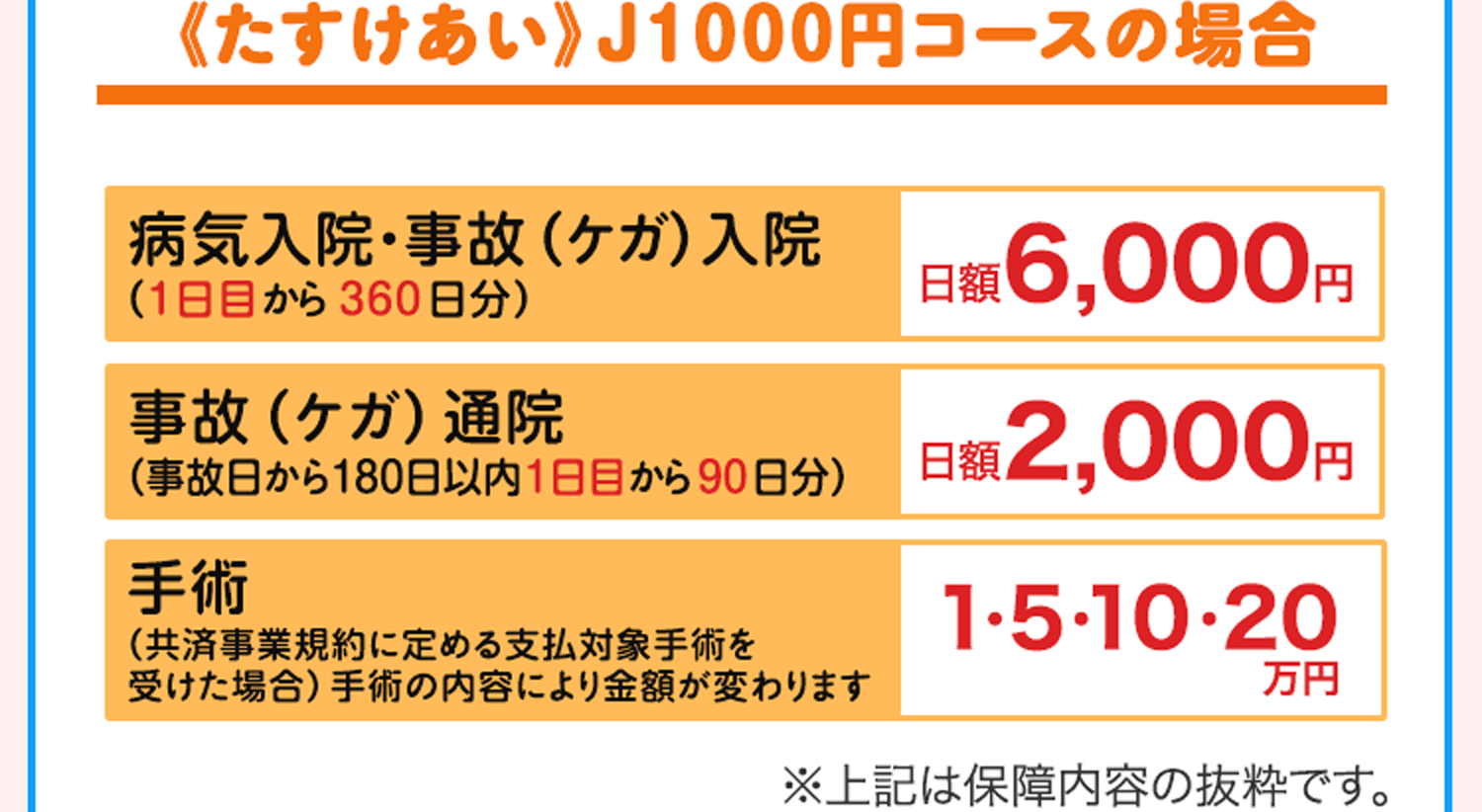 《たすけあい》J1000円コースの場合 病気入院・事故（ケガ）入院（1日目から360日分）日額6,000円 事故（ケガ）通院（事故日から180日以内 1日目から90日分）日額2,000円 手術（共済事業規約に定める支払対象手術を受けた場合）手術の内容により金額が変わります 1・5・10・20万円 ※上記は保障内容の抜粋です。