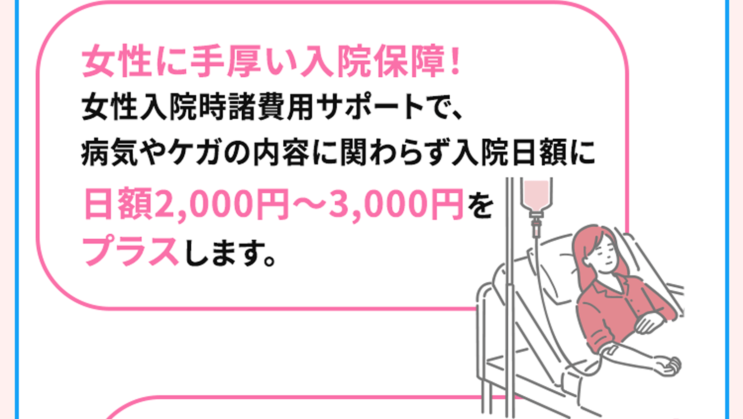 女性に手厚い入院保障！女性入院時諸費用サポートで、病気やケガの内容に関わらず入院日額に日額2,000円～3,000円をプラスします。