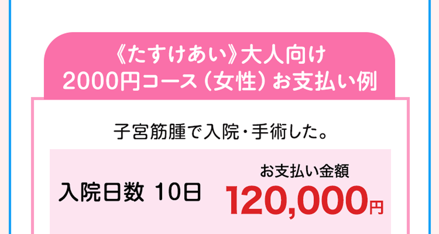 《たすけあい》大人向け2000円コース（女性）お支払い例 子宮筋腫で入院・手術した。入院日数 10日 お支払い金額 120,000円