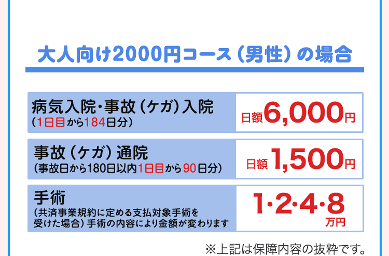 大人向け2000円コース（男性）の場合 病気入院・事故（ケガ）入院（1日目から184日分）日額6,000円 | 事故（ケガ）通院（事故日から180日以内 1日目から90日分）日額1,500円 | 手術（共済事業規約に定める支払対象手術を受けた場合）手術の内容により金額が変わります 1・2・4・8万円 ※上記は保障内容の抜粋です。