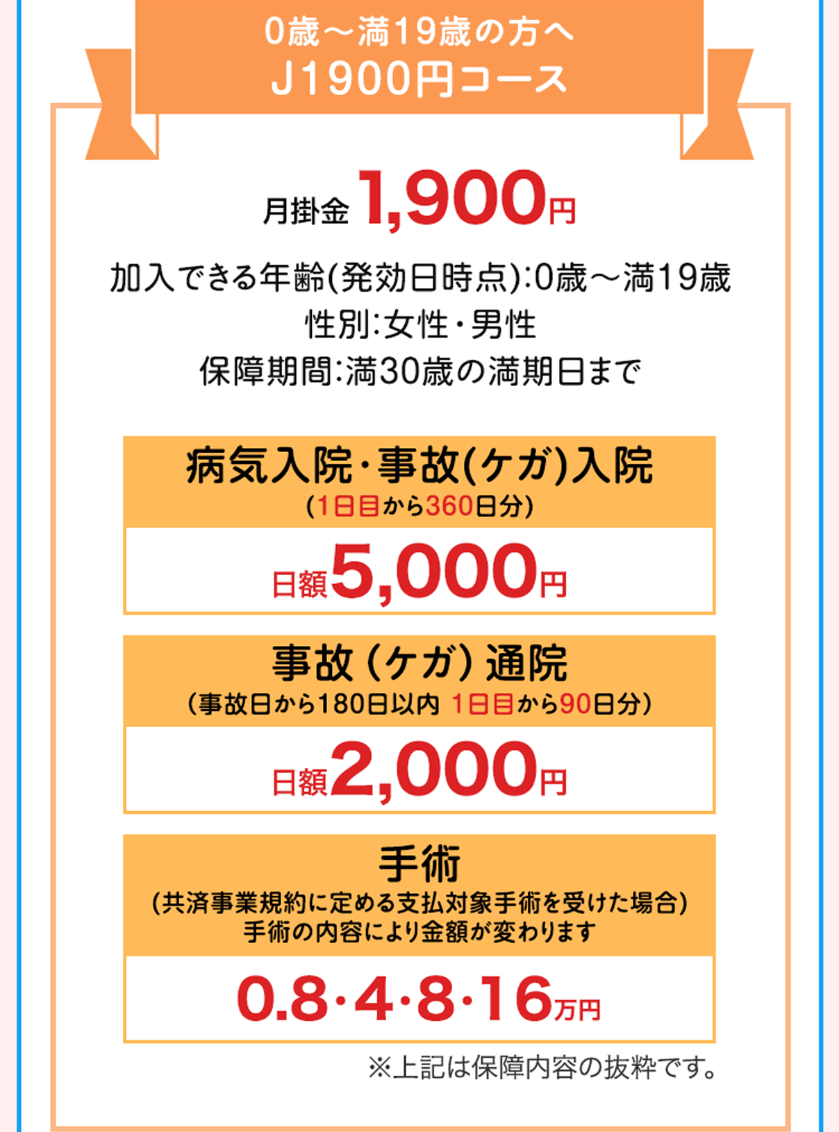 0歳〜満19歳の方へ J1900円コース 月掛金1,900円 加入できる年齢(発効日時点)：0歳〜満19歳 性別：女性・男性保障期間：満30歳の満期日まで 病気入院･事故(ケガ)入院(1日目から360日分) 日額5,000円 事故（ケガ）通院（事故日から180日以内 1日目から90日分）日額2,000円 手術(共済事業規約に定める支払対象手術を受けた場合) 手術の内容により金額が変わります 0.8・4・8・16万円 ※上記は保障内容の抜粋です。