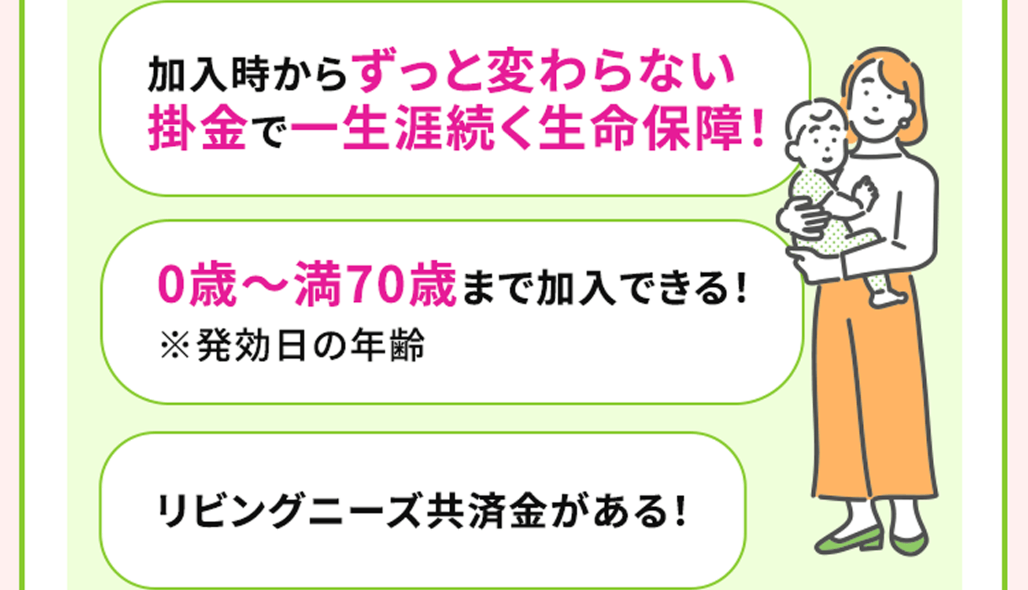 加入時からずっと変わらない掛金で一生涯続く生命保障！0歳～満70歳まで加入できる！ ※発効日の年齢 リビングニーズ共済金がある！