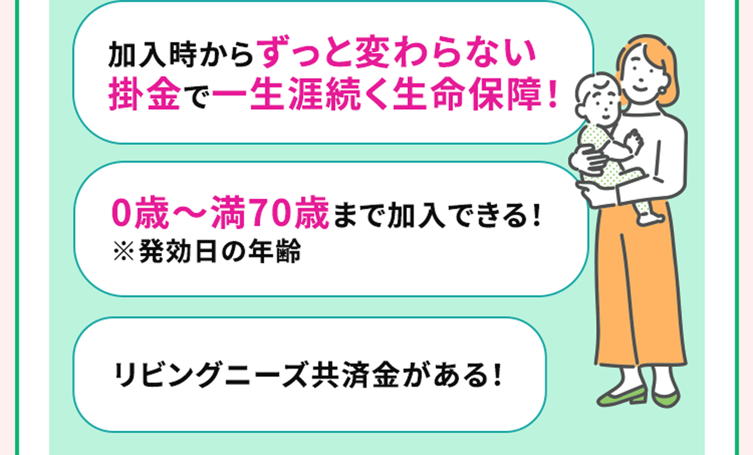 加入時からずっと変わらない 掛金で一生涯続く生命保障！ 0歳～満70歳まで加入できる！※発効日の年齢 リビングニーズ共済金がある！