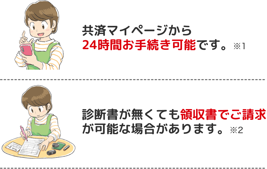 共済マイページから24時間お手続き可能です。※1 診断書が無くても領収書でご請求が可能な場合があります。※2