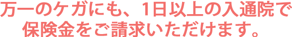 万一のケガにも、1日以上の入通院で保険金をご請求いただけます。