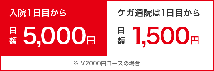 入院1日目から日額5,000円 ケガ通院は1日目から日額1,500円 ※V2000円コースの場合